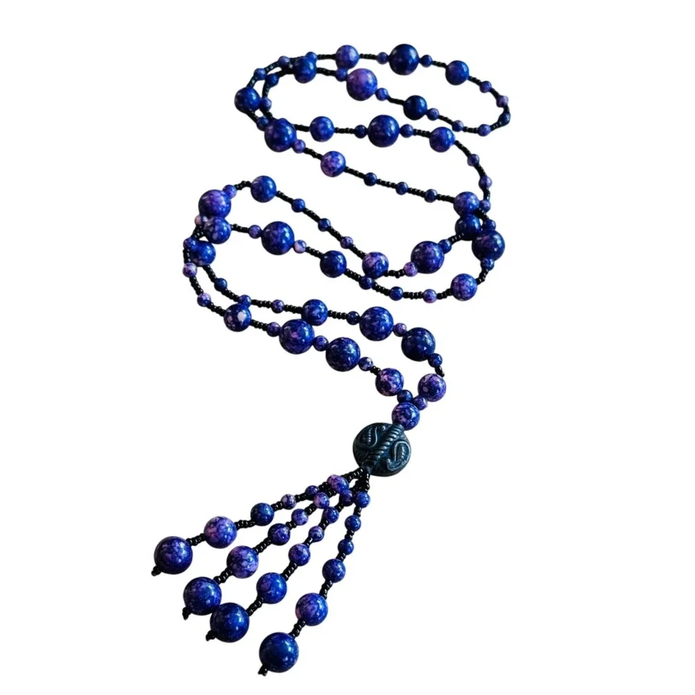 VTG Czech Art Glass‎ Beaded Picasso Tassel Necklace Purple Beads Flapper 32